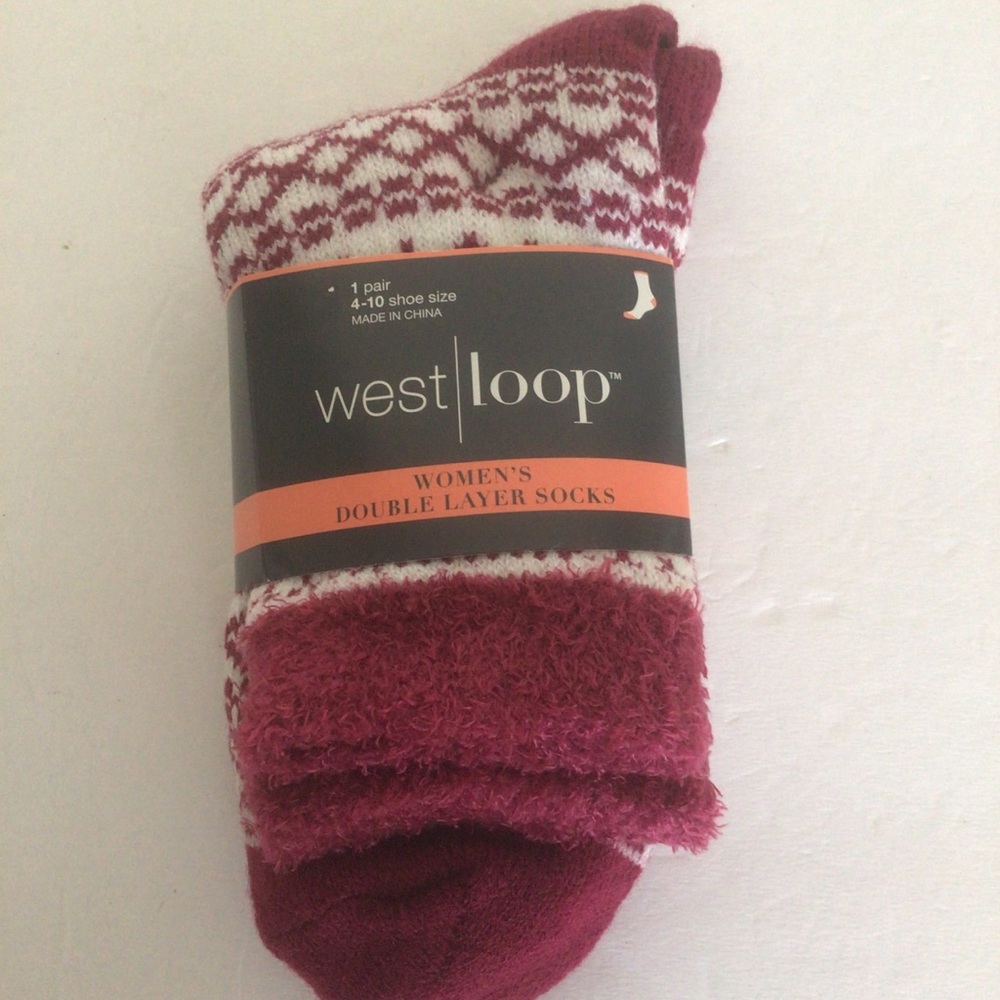 NWT BURGUNDY WEST LOOP COZY DOUBLE LAYER SOCKS FAIR ISLE NWT SIZE 4-10